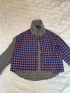 Plaid Button-Up Cropped Shirt — Blue & Orange with Black/White Gingham